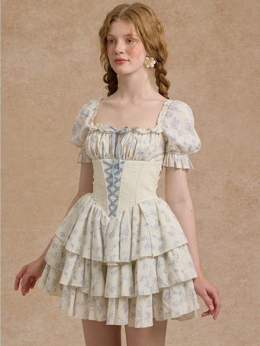 Tiered Ruffle Mini Dress in Cream with Light Blue Accents - Picture 2 of 7